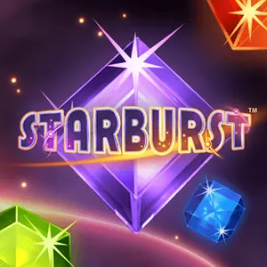 Spillbilde for Starburst fra NetEnt, fargede edelstener på mørk bakgrunn