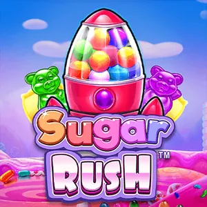 Spilbillede fra Sugar Rush af Pragmatic Play, slik og klynger på lyserød baggrund