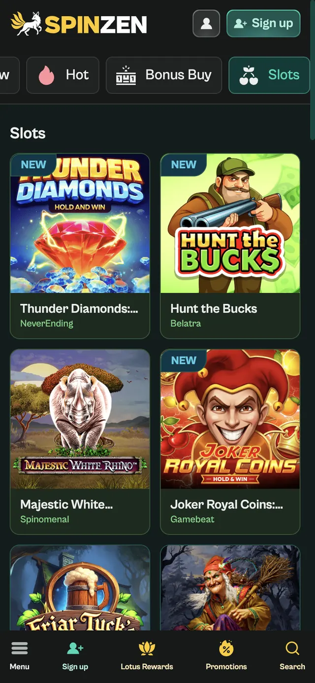 Kategorin slots i Spinzens engelska mobilsida för svenska besökare, spelbilder i rader och menyrad längst ned